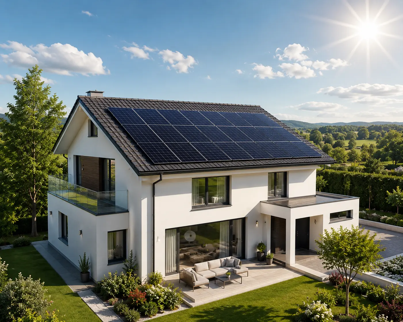 Villa unifamiliare moderna con impianto fotovoltaico installato sul tetto, sotto un cielo sereno